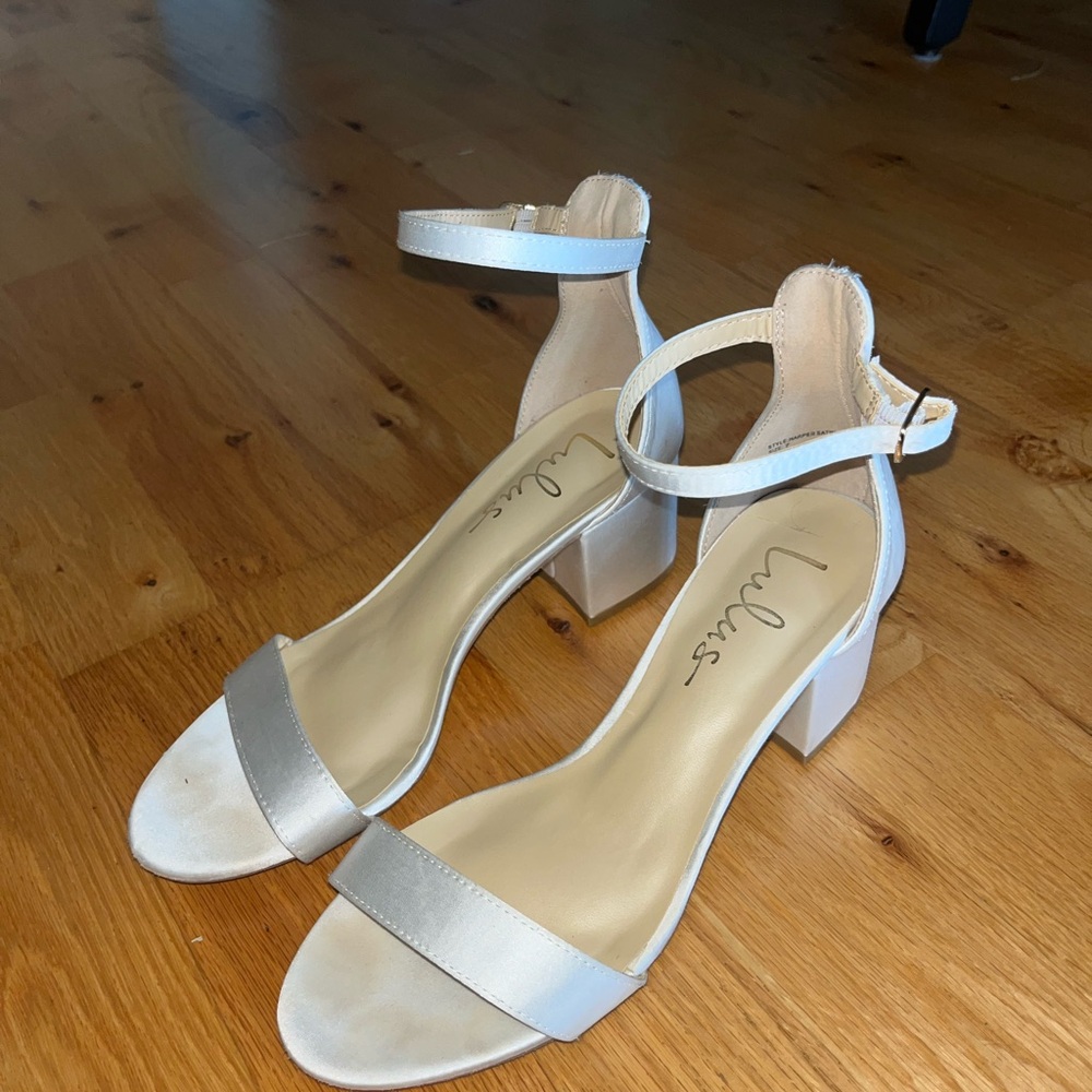 Lulu's White Satin Heels with Ankle Strap